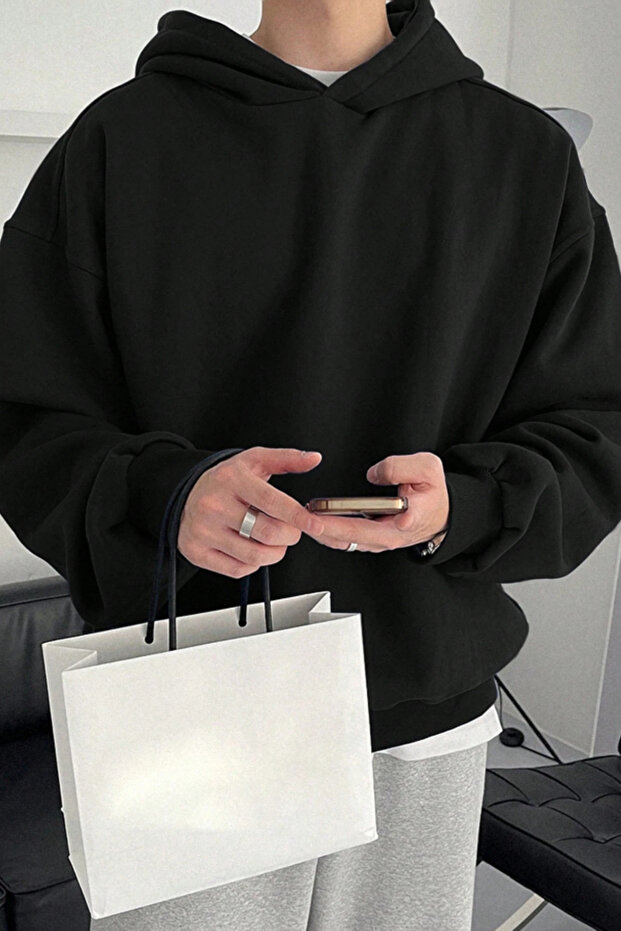 Erkek Siyah Kapüşonlu Oversize Sweatshirt - 5