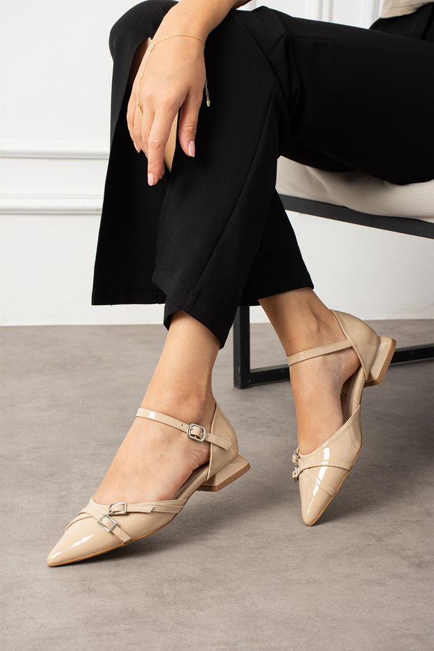 Beige Patent Leather Ankle Strap Double Buckle Pointed Toe Low Heel Women's Shoes