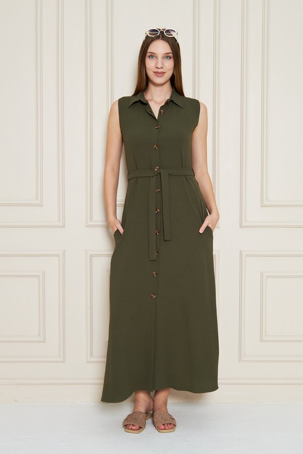 Women's Aerobin Zero Sleeve Classic Dress with Side Pockets and Belt