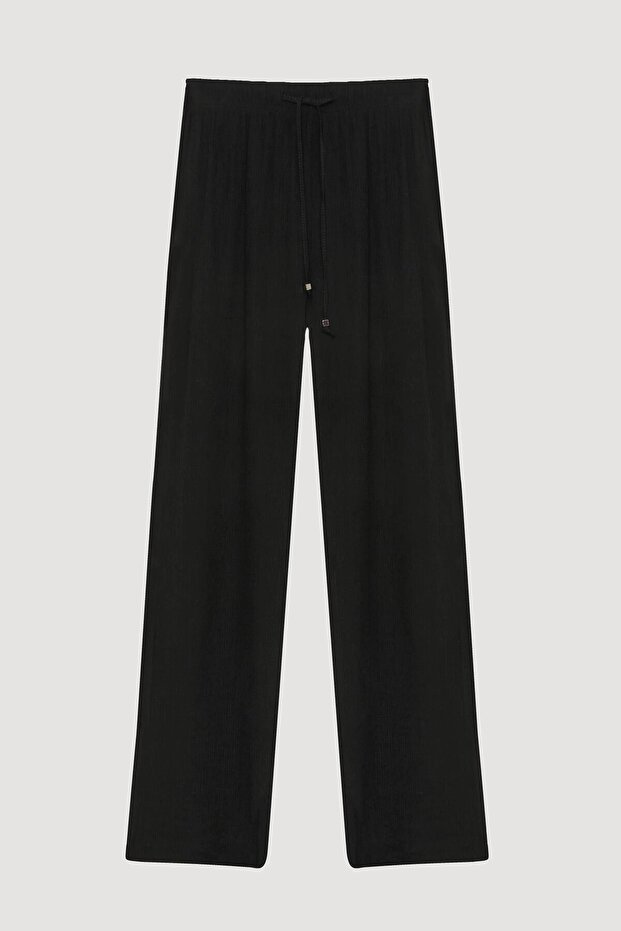 Women's Black Elastic Waist Loose Pants Trousers 25Ypnt00382-Black