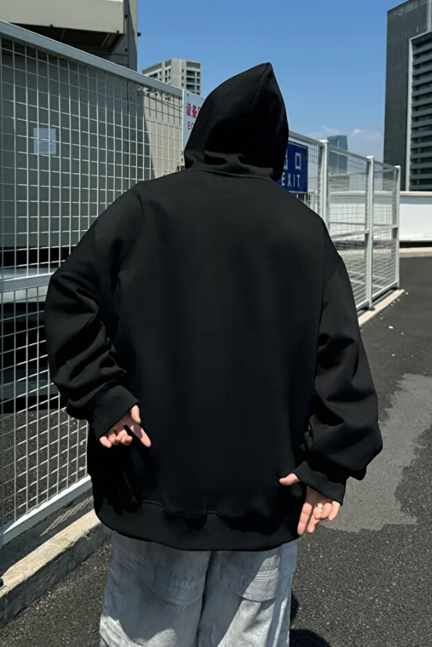 Erkek Siyah Kapüşonlu Oversize Sweatshirt - 8