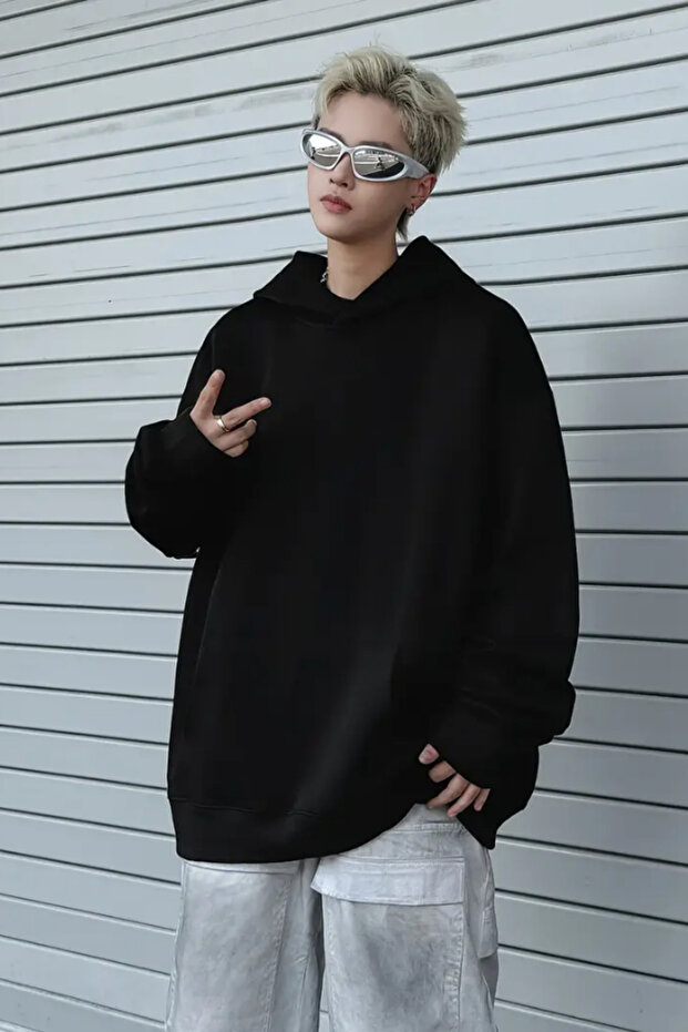 Erkek Siyah Kapüşonlu Oversize Sweatshirt - 1