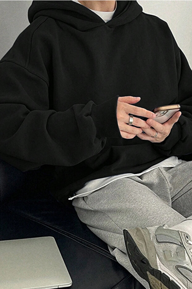 Erkek Siyah Kapüşonlu Oversize Sweatshirt - 3