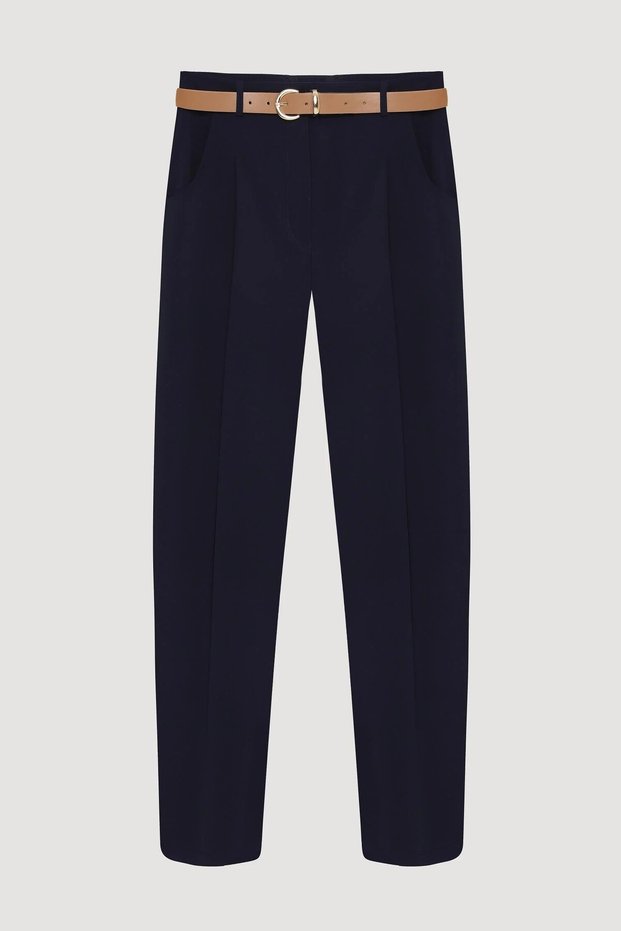 Women's Navy Blue High Waist Belted Pencil Trousers Pants 25Ypnt00430-Navy Blue
