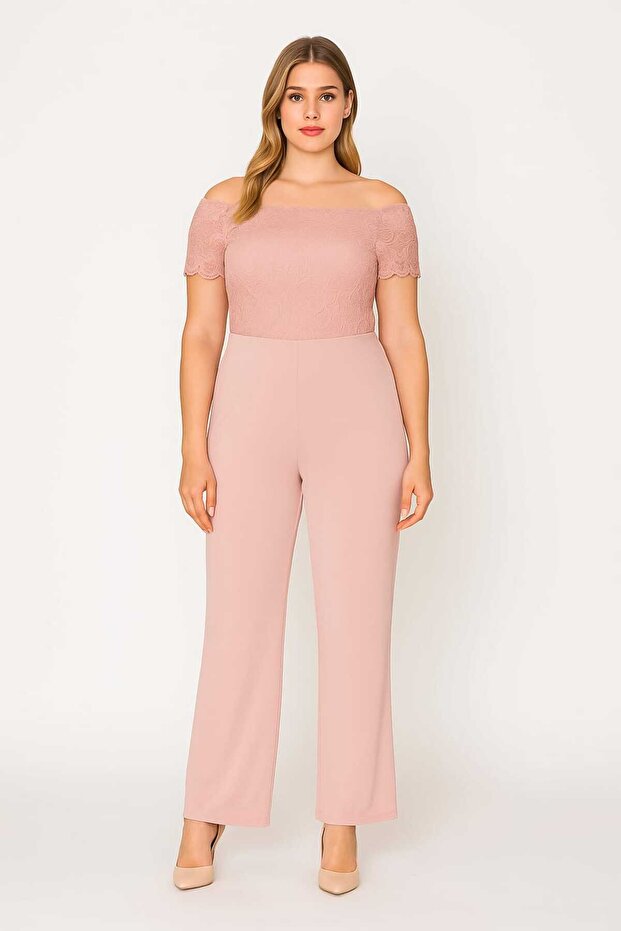 Women's Plus Size Powder, Lace Detail on Top, Back Zipper Jumpsuit 65N39152