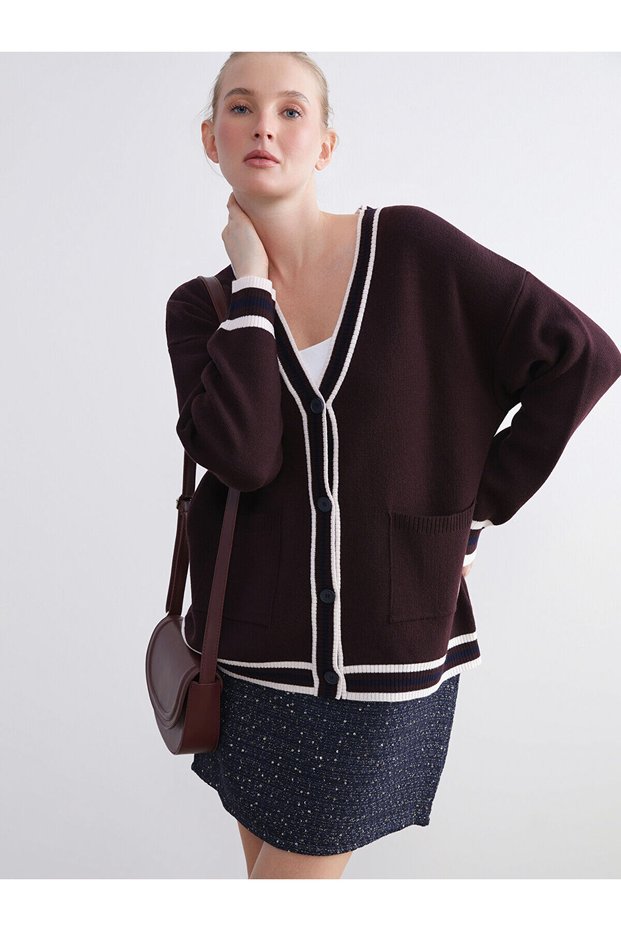 Lcwaikiki Classic Burgundy V-Neck Striped Oversize Women's Knitwear Cardigan W5I152Z8