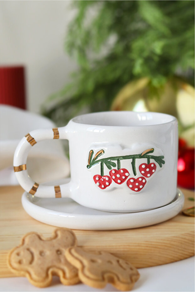 Handmade Ceramic Double Cup with Christmas Heart Figure and 24K Gold Decoration, 170ml