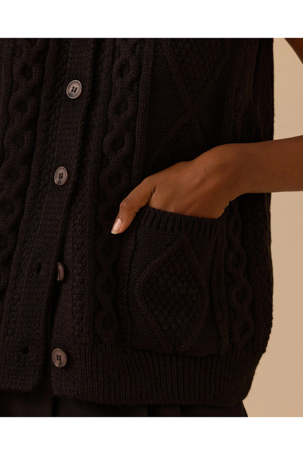 Düğmeli Örgü Desenli Triko Yelek - 3