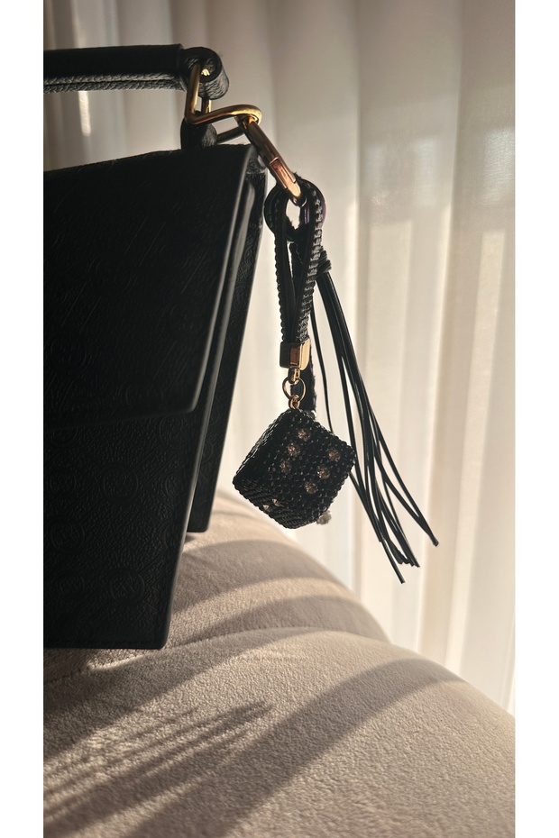 Black Color Zircon Stone Dice Figured Keychain Bag Charm
