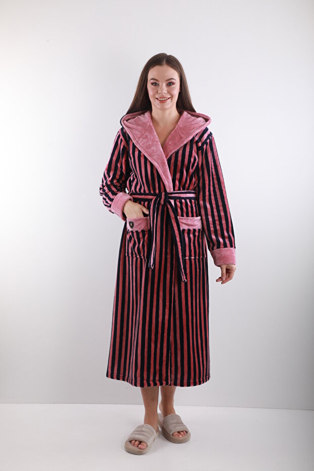 100% Bamboo Women's Striped Hooded Dressing Gown / Bathrobe