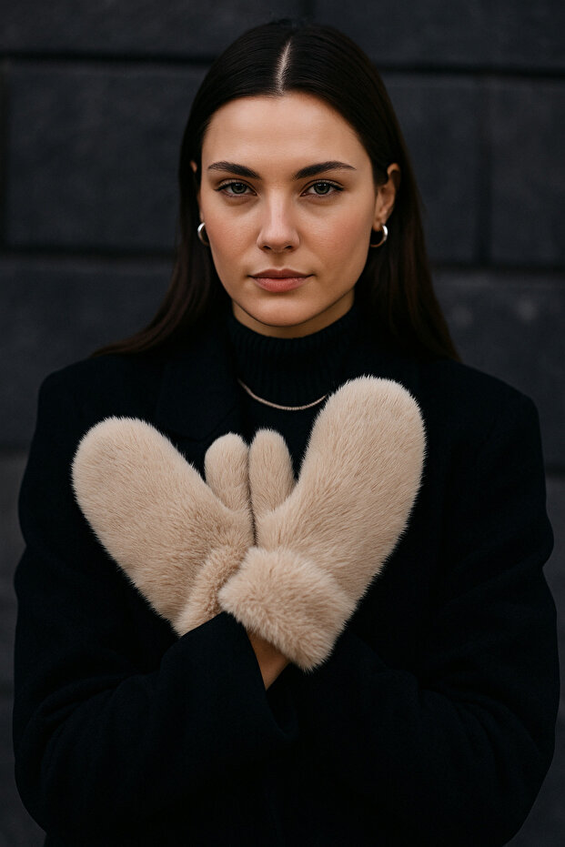 Kadın Bej Peluş Eldiven ELD32 - 1