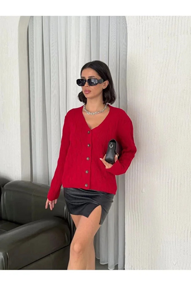 Buttoned Knitted Patterned Cardigan - 4