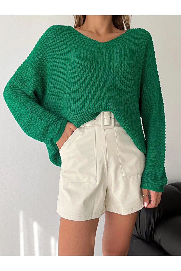 Soft Textured Oversize Knitwear Sweater V-Neck