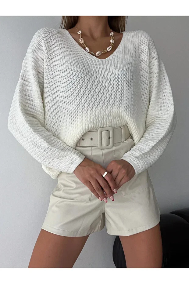 Soft Textured Oversize Knitwear Sweater V-Neck