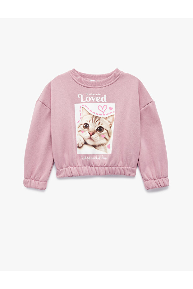 Elastic Waist Ribbed Long Sleeve Crew Neck Cat Print Crop Sweatshirt