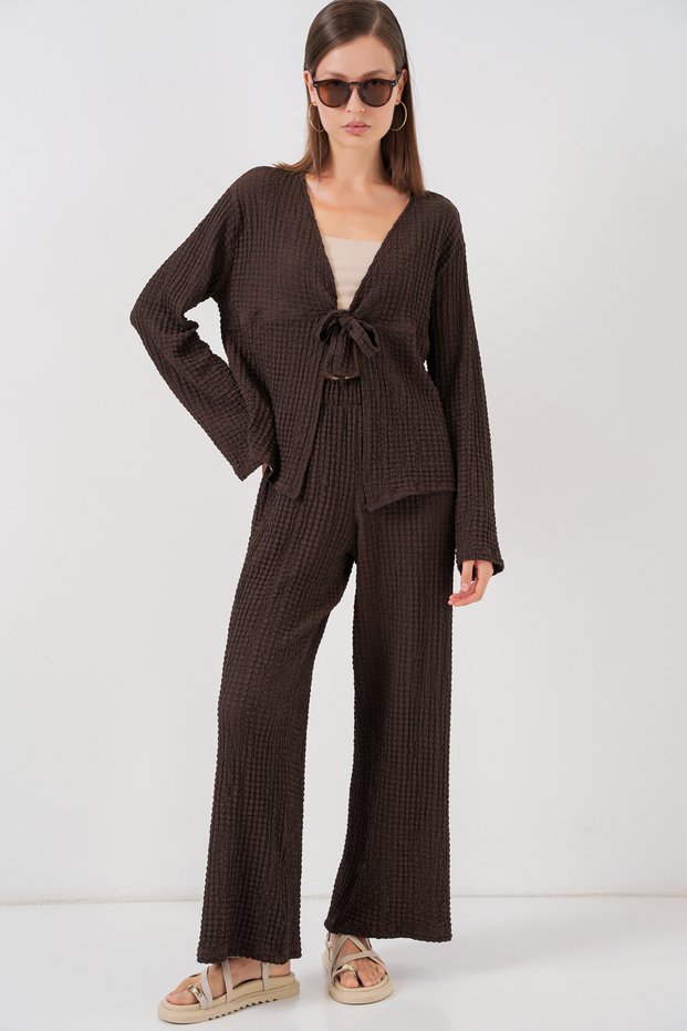 Women's Knitted Blouse Pants Two-Piece Set 30052 - Brown