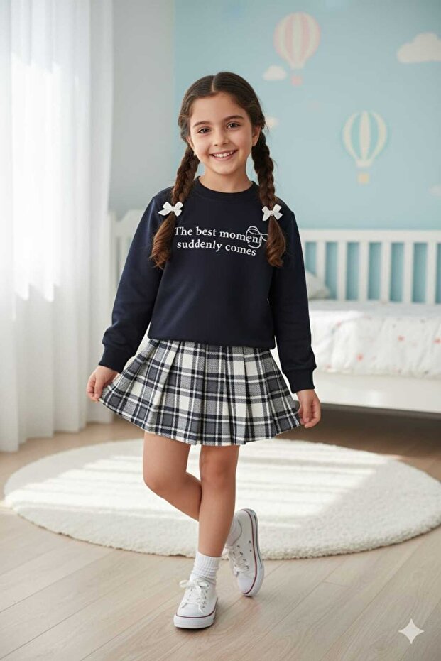 New Season Girls' Plaid Skirted Top and Bottom Set