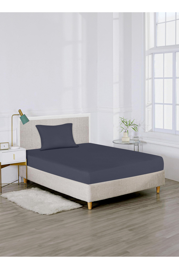 Single Plain Fitted Elastic Bedsheet with 1 Pillow Case 90 x 190 Cm (Navy Blue)