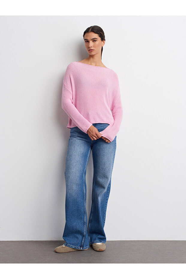 10804 Kayık Yaka Basic Triko Kazak-Pembe - 5
