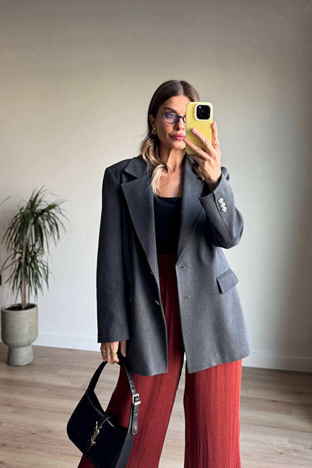 Anthracite Silver Buttoned Lined Blazer Jacket - 4