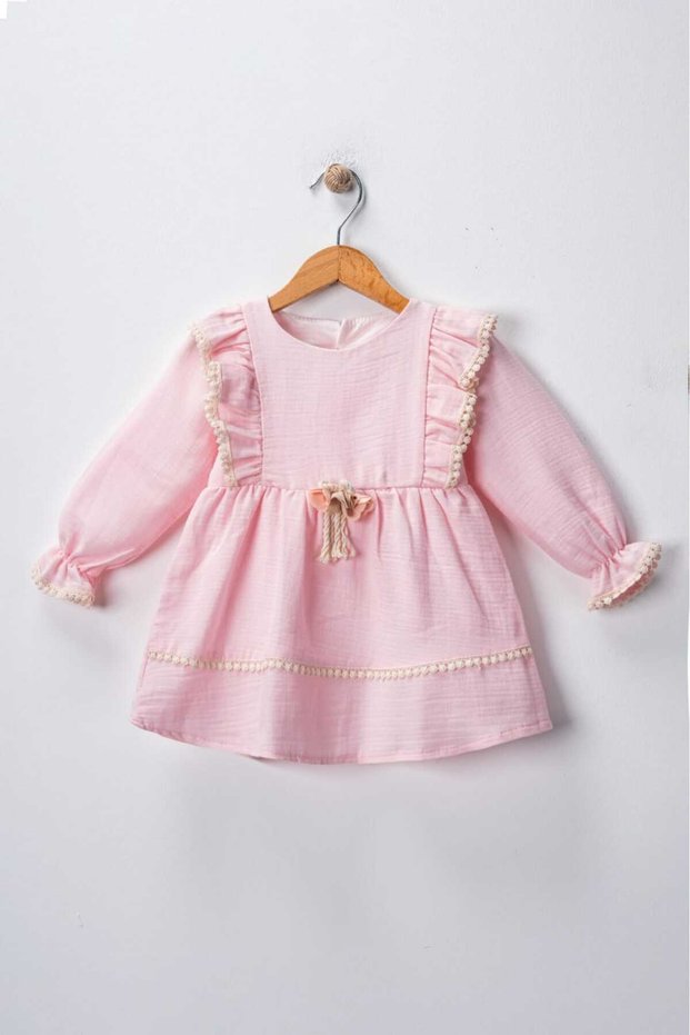Cotton Comfortable Long Sleeve, Brooch and Lace Detailed Muslin 6-24 Months Girl's Baby Dress