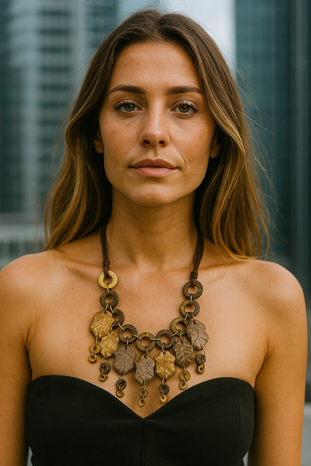 Ahşap yaprak işlemeli el yapımı kolye - 1