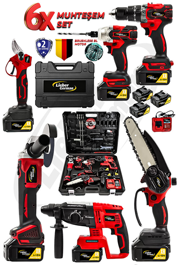 Lieber German Muhteşem 6Lı Set Bl Motor Kırıcı Delici +Taşlama + Matkap + Somun Sıkma Dal Budama & Dal Makası