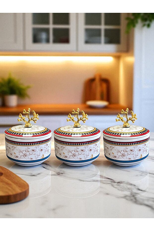 Kitchen Accessory 3-Piece Breakfast Storage Container Spice Rack Sugar Bowl Butterfly Pattern Gold - Feray Home