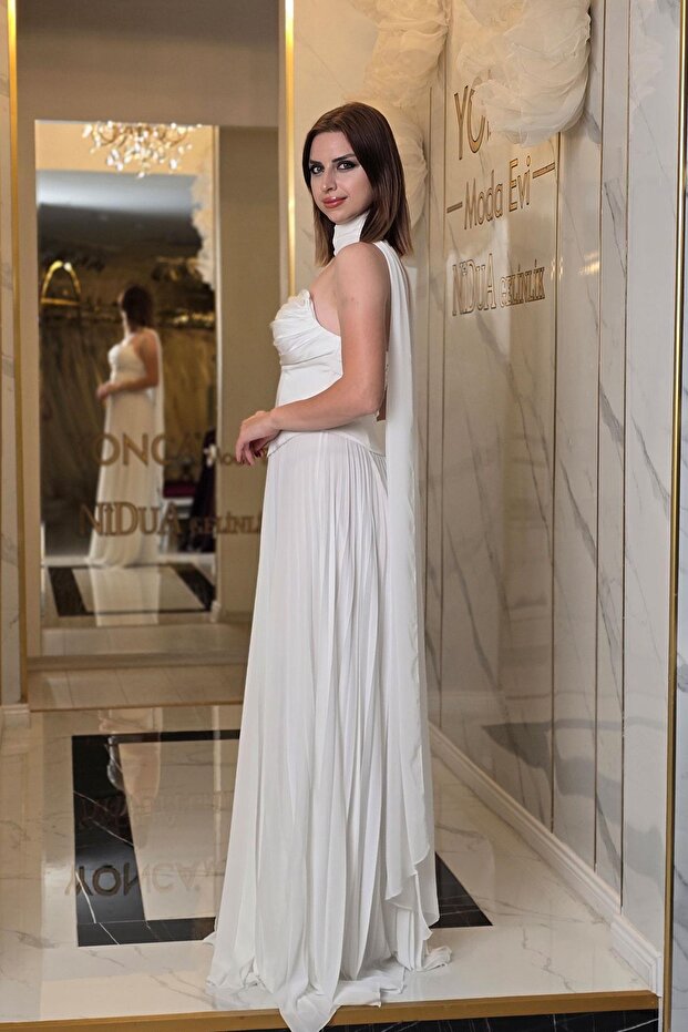 Beyaz Pliseli Şallı Abiye 9003 - 2