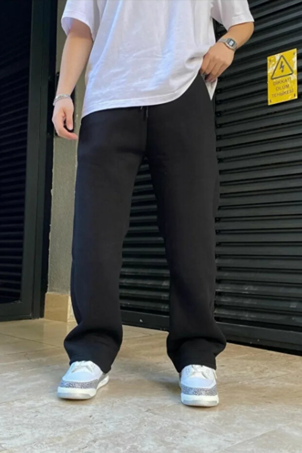Men's Winter Baggy Cut Fleece-Lined Wide-Leg Sweatpants - Black