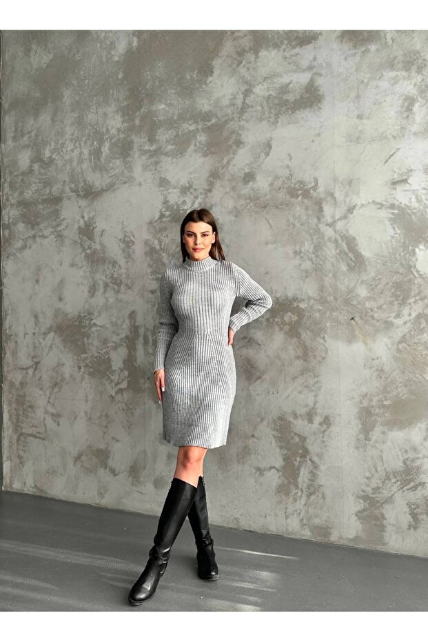 Kadın Valonlu Fitilli Triko Elbise - 1