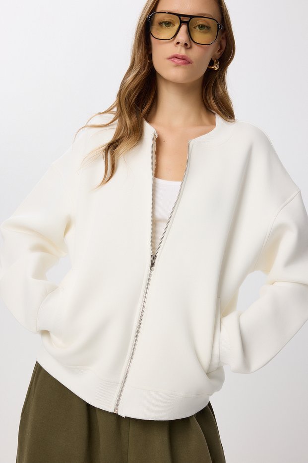 Zippered Ribbed Knitted Sweatshirt Lan0066 Ecru
