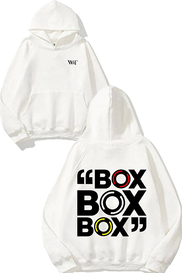 سترة بيضاء بغطاء للرأس مطبوعة بتصميم فورمولا 1 من Box Box Box