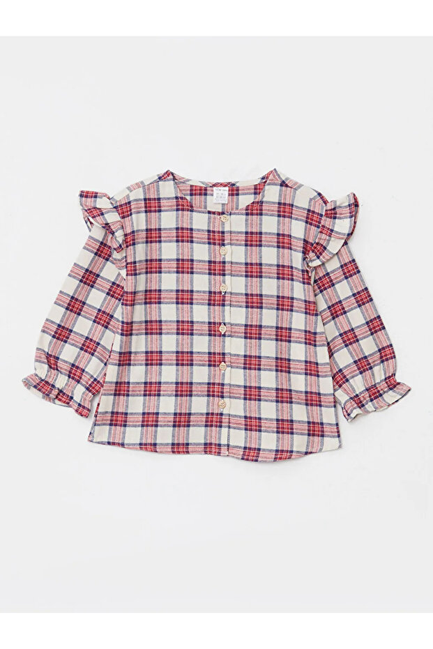 Lcw Baby Ecru Crew Neck Long Sleeve Plaid Patterned Baby Girl Blouse