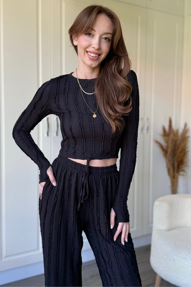 Ruffled Long Sleeve Crop Black Set