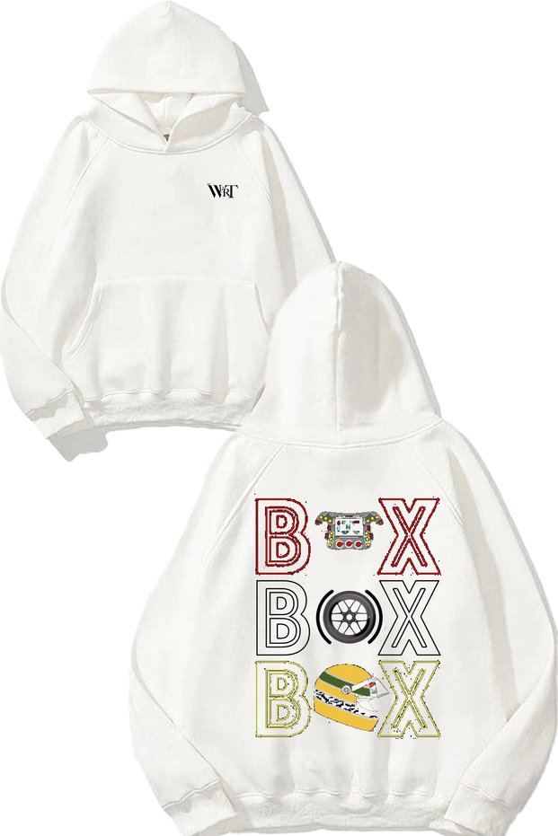 Box Box Box Formula 1 2 Design Back Printed White Hooded Sweatshirt