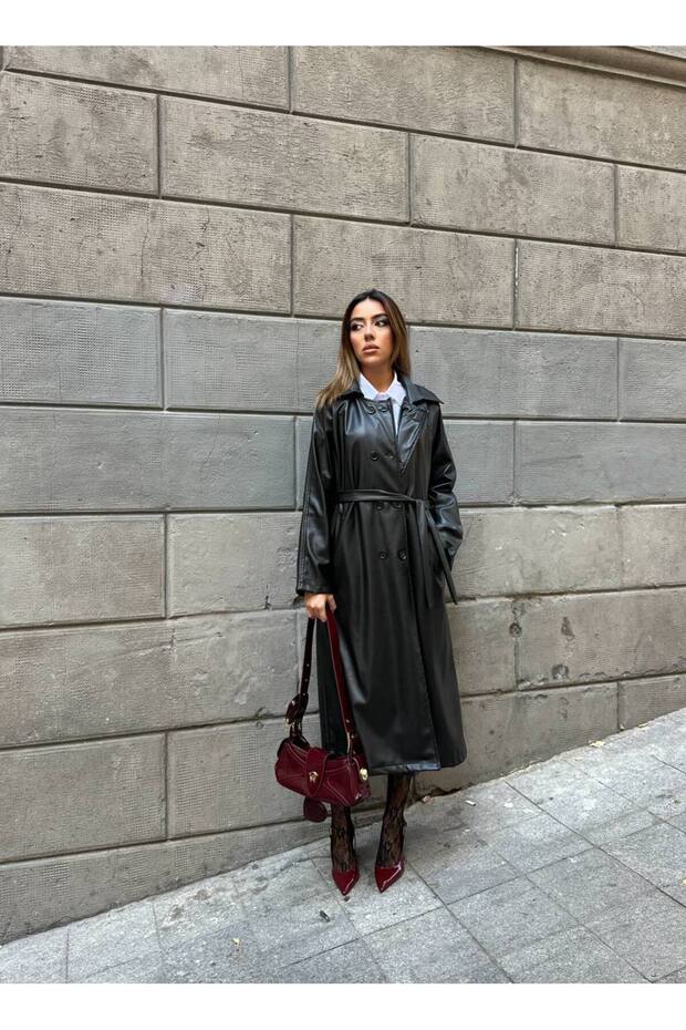Midi Boy Kuşaklı Deri Trençkot - 3