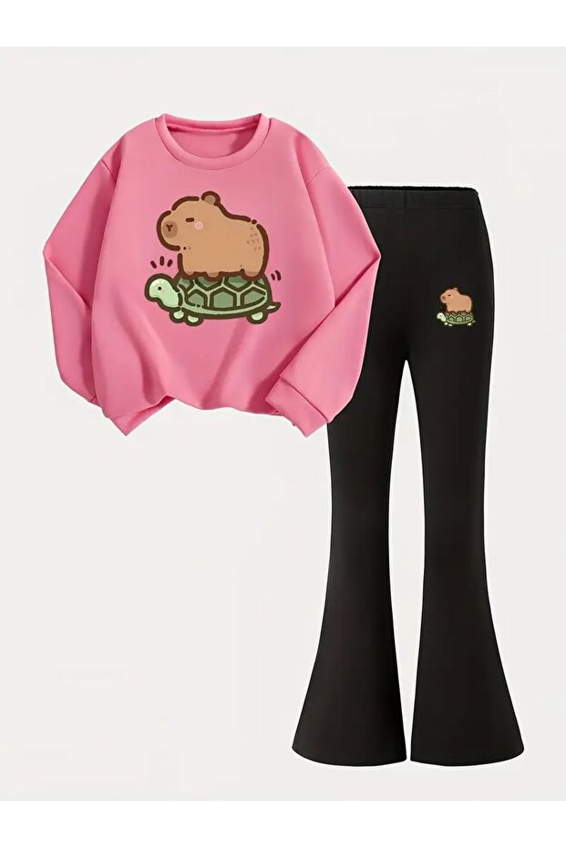 Kız Çocuk Pembe-Siyah Capybara Kaplumbağ Baskılı Bisiklet Yaka İspanyol Paça Pantolon Takım - 1