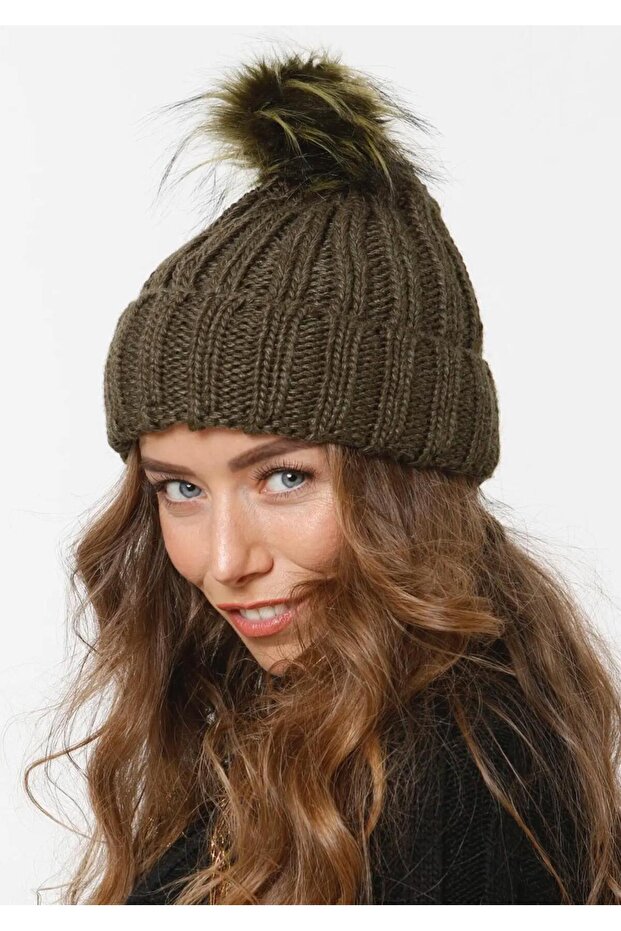 Women's Khaki Beanie Winter Soft Acrylic Pom Pom Beanie