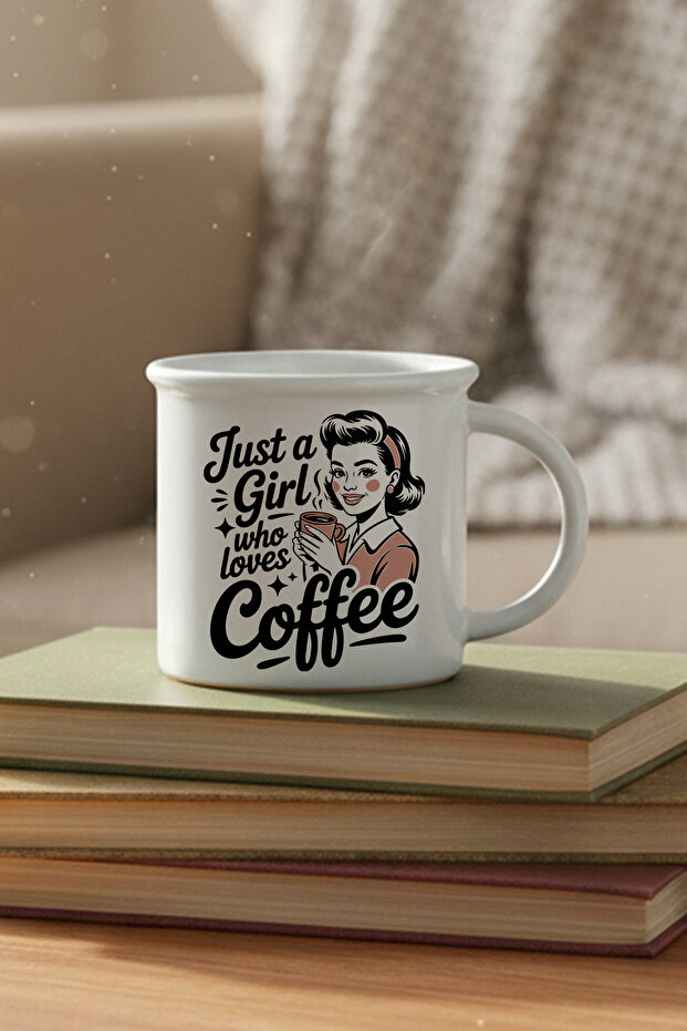 Just a Girl Who Loves Coffee Printed Enamel-Looking Ceramic Vintage Mug Cup
