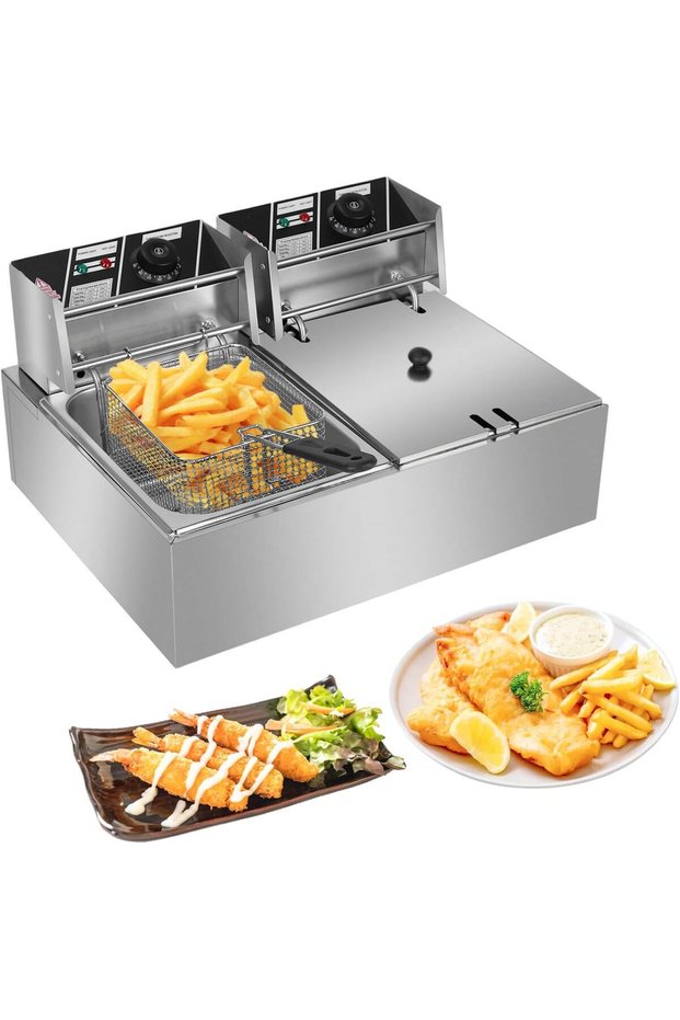 FfiMe 6L+6L Commercial Electric Deep Fryer with Basket and Lid, 2500W Deep Fryer, Stainless Steel Ki