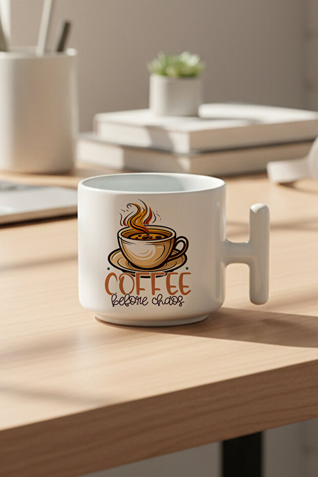 كوب قهوة لاتيه مطبوع عليه عبارة 'Coffee Before Chaos' مع مقبض