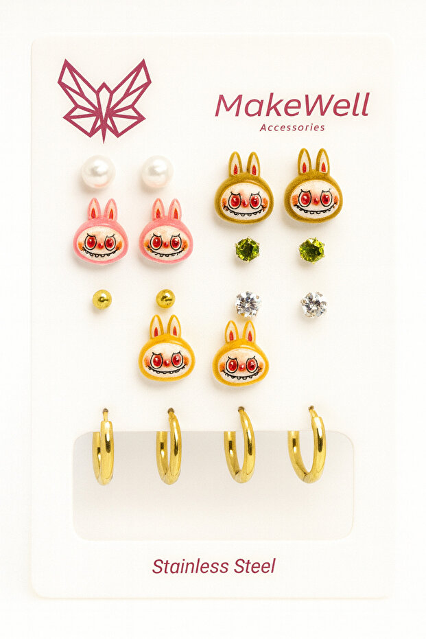 Steel Needle Labubu Design Zircon Stone Steel Hoop Earrings Earring Set