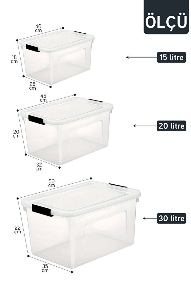 3-Piece Storage Container Horizontal Rectangular with Locking Lid Multi-Purpose Toy Storage Box 15-20-30 Liters - 7