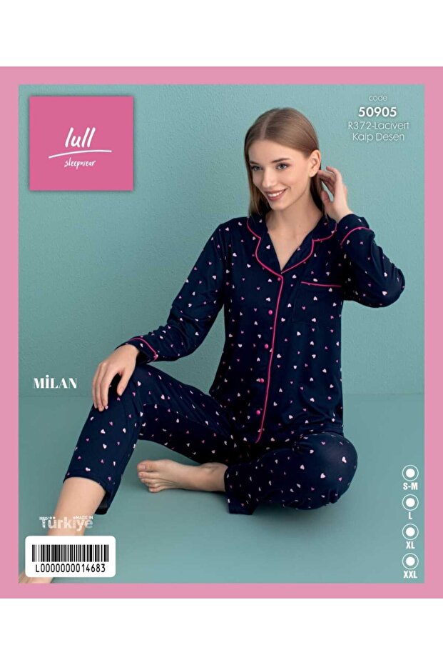 Kalp desenli önden düğmeli yumuşak kumaş pijama takımı - 1