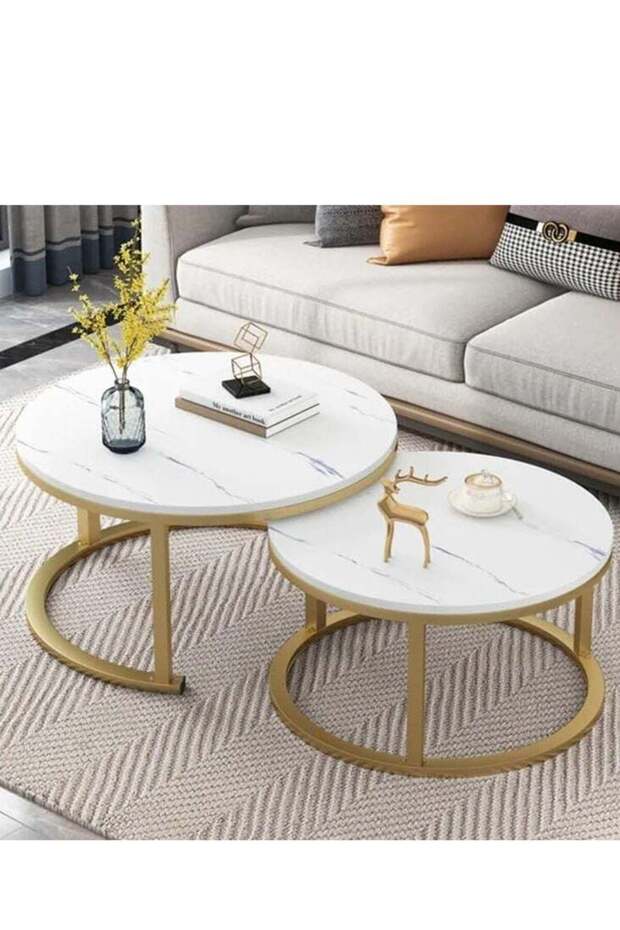 Nesting Coffee Tables, Round Nesting Tables Set of 2, End Tables with Golden Metal Frame, Side Table - 1