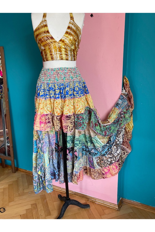 İpek Patchwork Boho Fırfırlı Asimetrik Etek – El Yapımı, Tek Parça, Renkli ve Özgün - 7