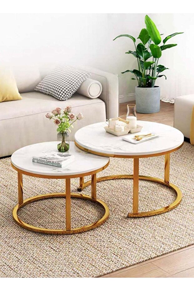 Round Modern Nesting Coffee Set of 2, Stacking Living Room Accent Tables with an Industrial Wood Fin