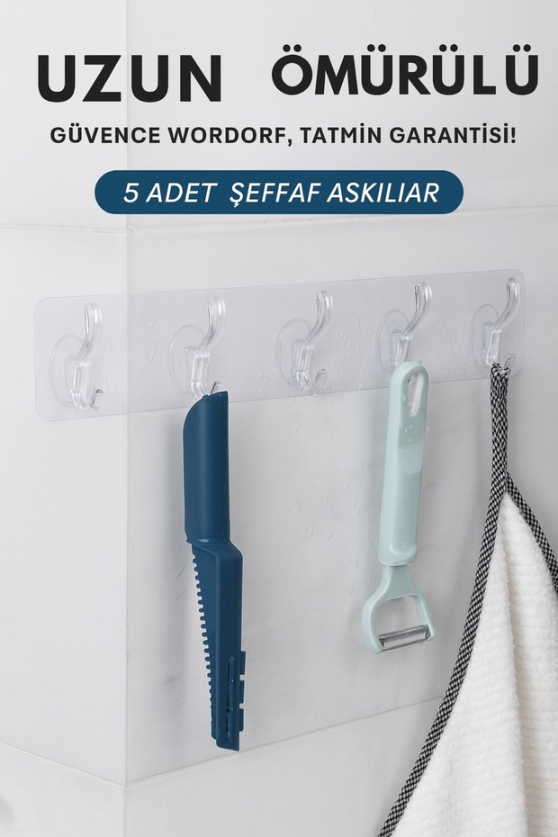 Silikonlu 5’li 29*7 Şeffaf Güçlü Kendinden Yapışkanlı Kapı Duvar Askısı Agır Yük Taşıma - 1