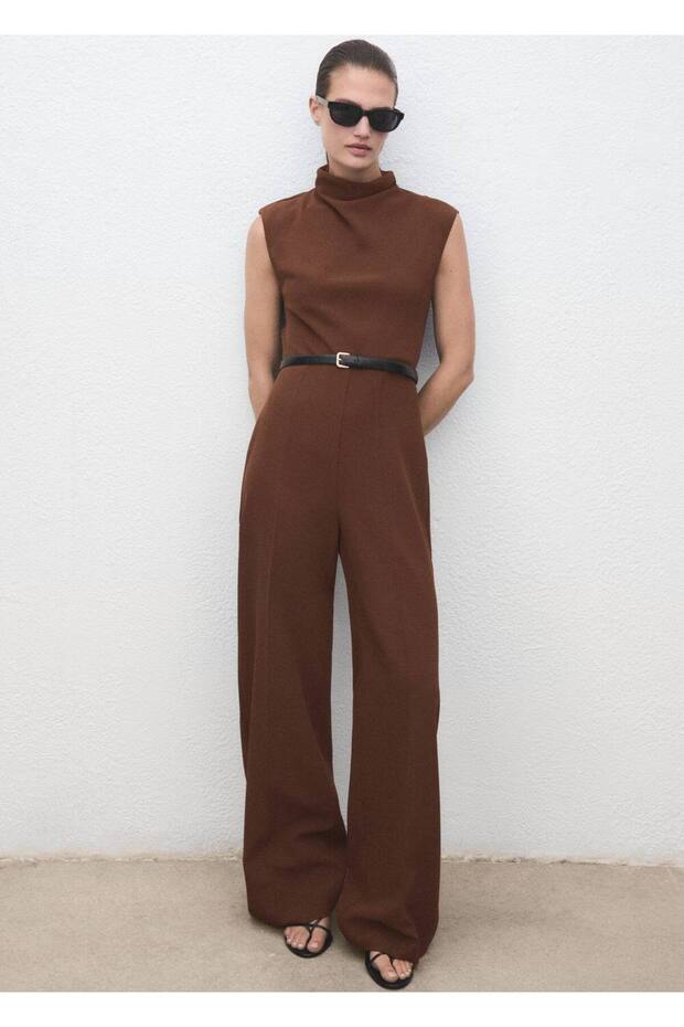 Drape yaka kemerli tulum - 2